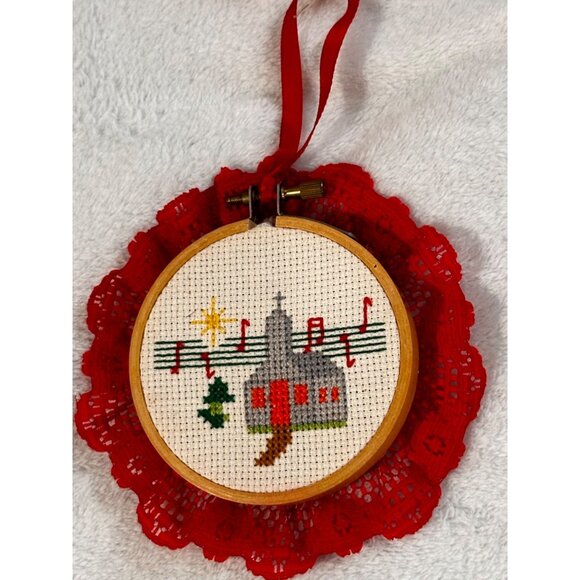 7 Christmas-Themed Cross Stitch Ornaments Lace Trim & Hanging Ribbons Handmade - Picture 4 of 16